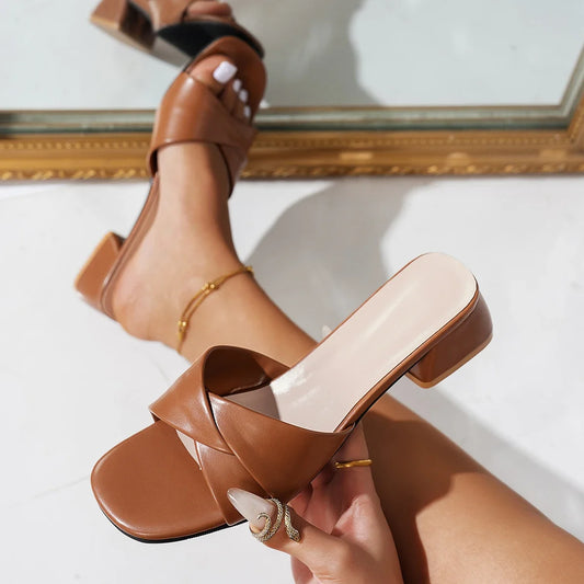 Summer New Fashion Open Toe Solid Color Simple Leather Surface Versatile Candy Color Large Slippers Square Heel Shoes Women