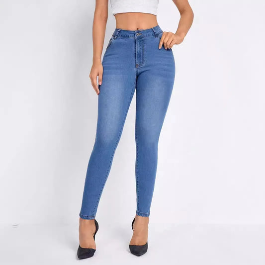 Women Clothing Skinny Solid Ankle Length Jean Washed Zipper Fly Denim Pants High Waist Jeans Spliced Casual Slim Pockets