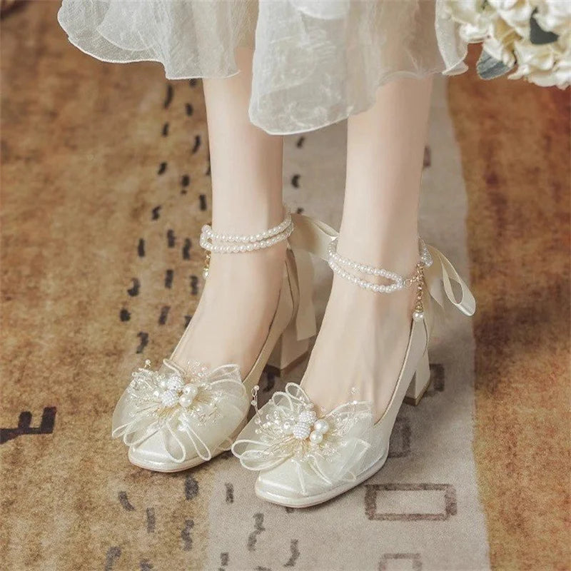 spring and autumn new style fashionable, comfortable and versatile pearl temperament versatile square-toe pumps for women