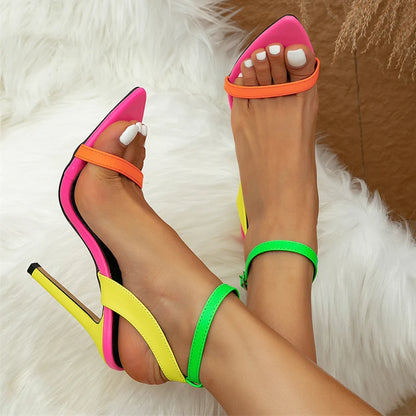 Liyke Mixed Colors Women Sexy  Stiletto Sandals Cozy Leather Pointed Toe Buckle Strap High Heels Summer Party Prom Shoes Size 42