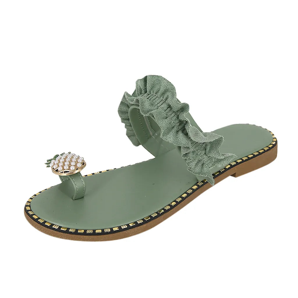 2025 Women Slipper Pineapple Pearl Flat Toe Bohemian Summer Beach Sandals Ladies Shoes plus size Mujer Verano