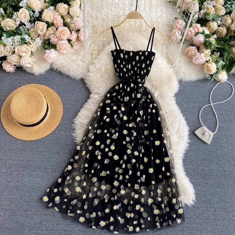 Women Dress 2025 New Summer Fashion Fairy Mesh Party Dress Korean Pop Floral Print Vacation Beach Dress Streetwear Sundress