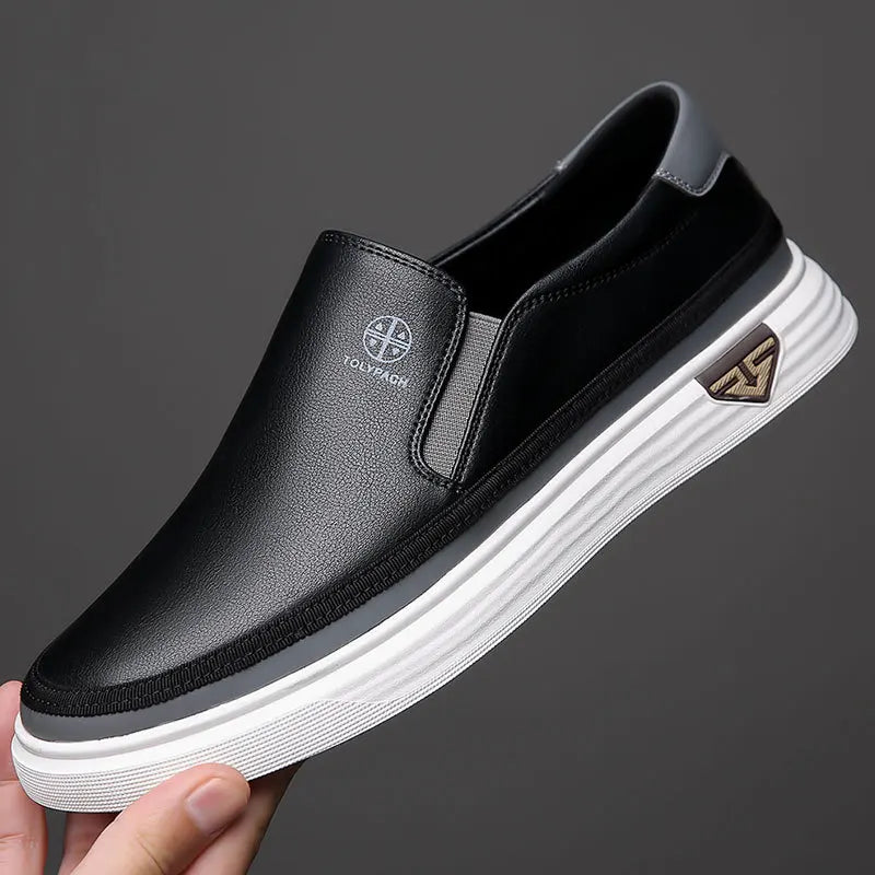 New 2025 Men's Genuine Leather Casual Sneakers Spring Summer Fashion Slip-On White Shoes Soft Sole Comfortable for Everyday Wear