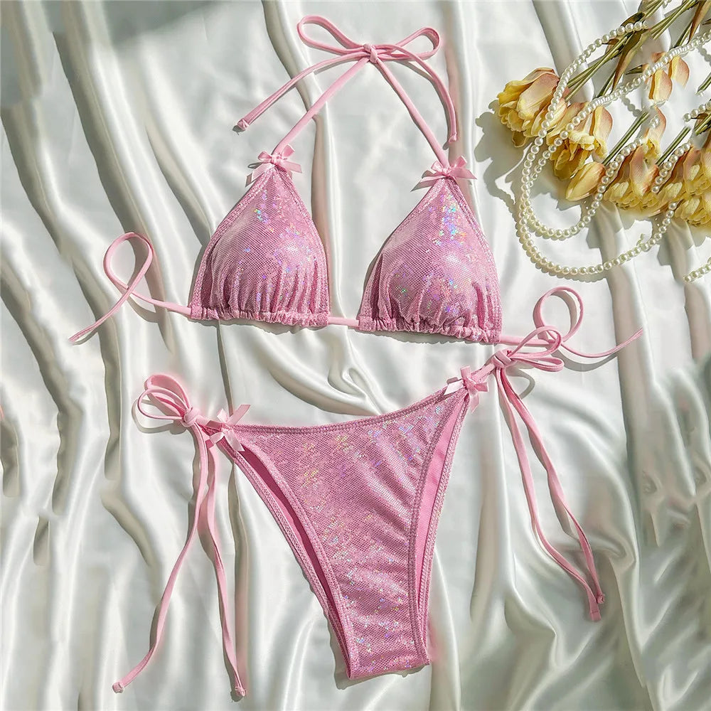 Pink Shiny String Halter Micro Bikini Thong 2025 Sexy Swimsuit Women Holiday Bow Swimwear Bathing Suit Triangle Bikinis Sets