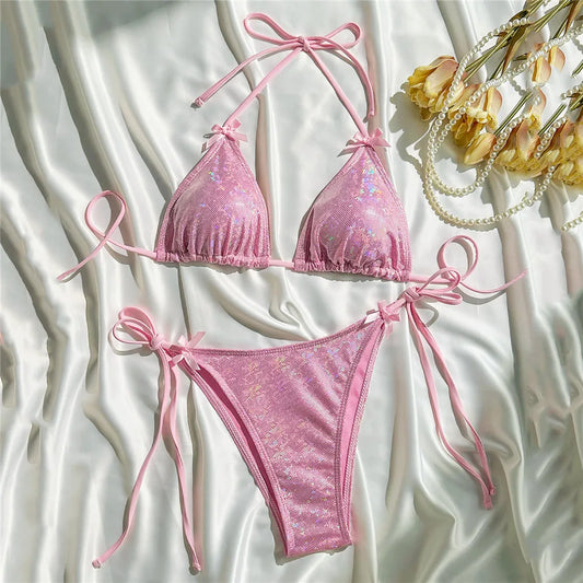 Pink Shiny String Halter Micro Bikini Thong 2025 Sexy Swimsuit Women Holiday Bow Swimwear Bathing Suit Triangle Bikinis Sets