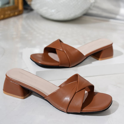 Summer New Fashion Open Toe Solid Color Simple Leather Surface Versatile Candy Color Large Slippers Square Heel Shoes Women