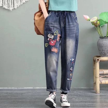 y2k Embroidery Ankle-Length Baggy Jeans Elastic High Waist Capris Lace Up Harem Denim Pants Women Vaquero Oversized 4xl Pantalon