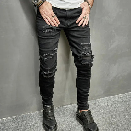 Men Long Pant Denim Pants Jeans Straight Trousers Sheath Slim Fit Pockets Casual Regular High Waist Splice Autumn Winter
