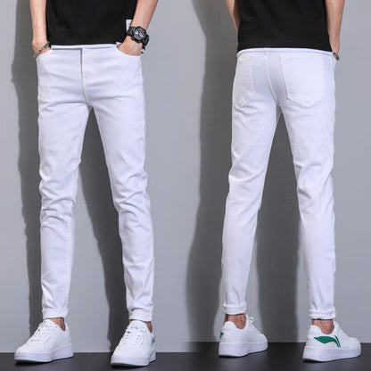 Summer men's pure white jeans high-end comfortable slim fit denim pants versatile micro elastic straight leg casual pants
