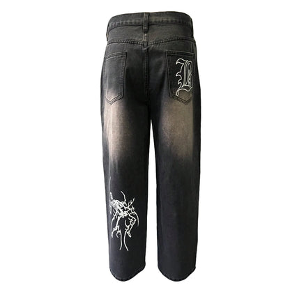 Men's Hip Hop Anime Pattern Black Loose Wide Leg Jeans American Trend Retro Gothic Men Woman Wide-Leg Pants Streetwear
