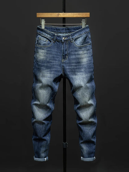 Autumn New Men's Vintage Blue Slim Stretch Jeans Fashion Korean High Street Denim Pants Hip Hop Streetwear Quality Male Trousers