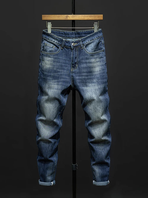 Autumn New Men's Vintage Blue Slim Stretch Jeans Fashion Korean High Street Denim Pants Hip Hop Streetwear Quality Male Trousers