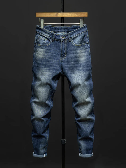 Autumn New Men's Vintage Blue Slim Stretch Jeans Fashion Korean High Street Denim Pants Hip Hop Streetwear Quality Male Trousers