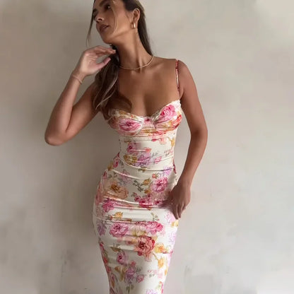 Summer 2025 Women's Floral Print Maxi Dress Sleeveless Beach Style Spaghetti Strap Slim Fit Long Dress for Birthday Party