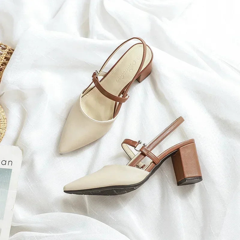 Shoes for Pumps Summer Elegant Chunky High Heels Pointed Toe Baotou Solid Ladies Shoes  Female Sandals Zapatillas Mujer 2024