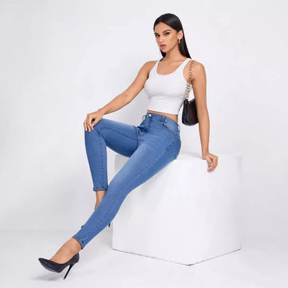 Women Clothing Skinny Solid Ankle Length Jean Washed Zipper Fly Denim Pants High Waist Jeans Spliced Casual Slim Pockets