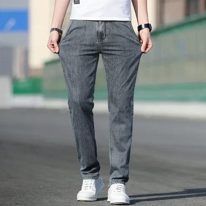 Thin Men's Baggy Soft Casual Jeans Gray Summer Fashion Versatile Comfortable Stretch Straight Casual Jeans Light Blue Male