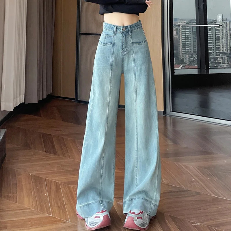 Women's Four Seasons New Fashion Loose Denim Wide-leg Pants, Casual Temperament High-waisted Straight Leg Floor-length Jeans