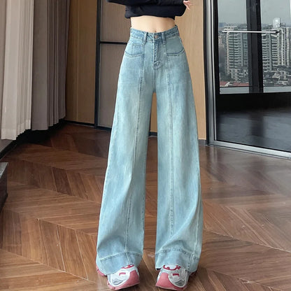 Women's Four Seasons New Fashion Loose Denim Wide-leg Pants, Casual Temperament High-waisted Straight Leg Floor-length Jeans