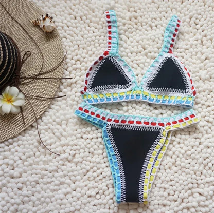 Women Handmade Crochet Knit Swimwear Halter Patchwork Bathing Suit Swimsuit Biquini Thong Bikini traje de bano