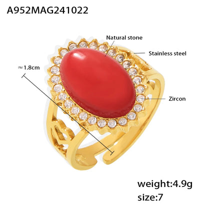Oval Blue Red Stone Ziron Stainless Steel Rings For Women Gold Plated Waterproof Adjustable Ring Charm Luxury Jewelry