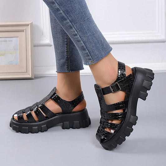 2024 Summer New Baotou Muffin Bottom Sandals Female Selling Large Size Bright Surface Platform Sandals Female