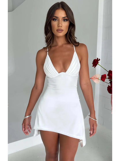 Summer Women's Sexy V-Neck Backless Halter Mini Dress Solid Color Cross-Border Fashion 2025 Hot Sale