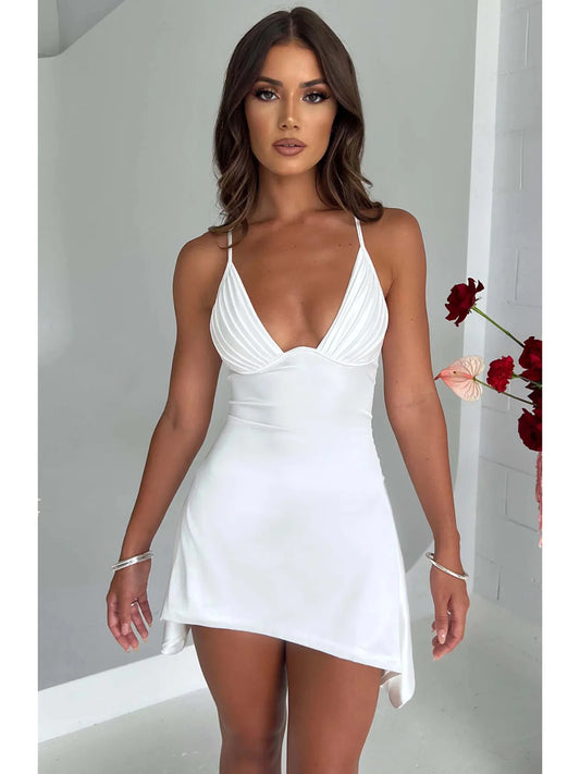 Summer Women's Sexy V-Neck Backless Halter Mini Dress Solid Color Cross-Border Fashion 2025 Hot Sale