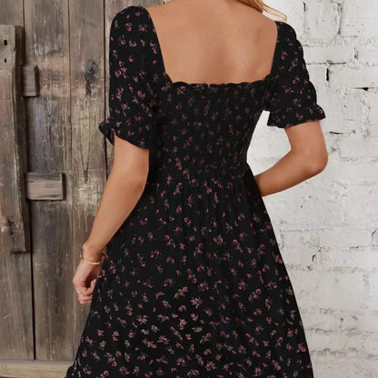 Women Print Square Neck Dress Fashion Ruffled Floral Smocked Dresses For Spring Summer Casual Dress