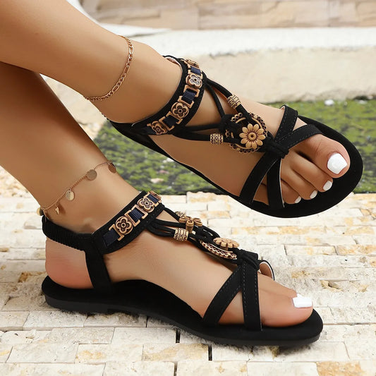 Bohemian Style Suede Elastic Band Sandals Summer New Casual Rome Shoes Fashion Comfort Flat Heel Beach Shoes Zapatos De Mujer
