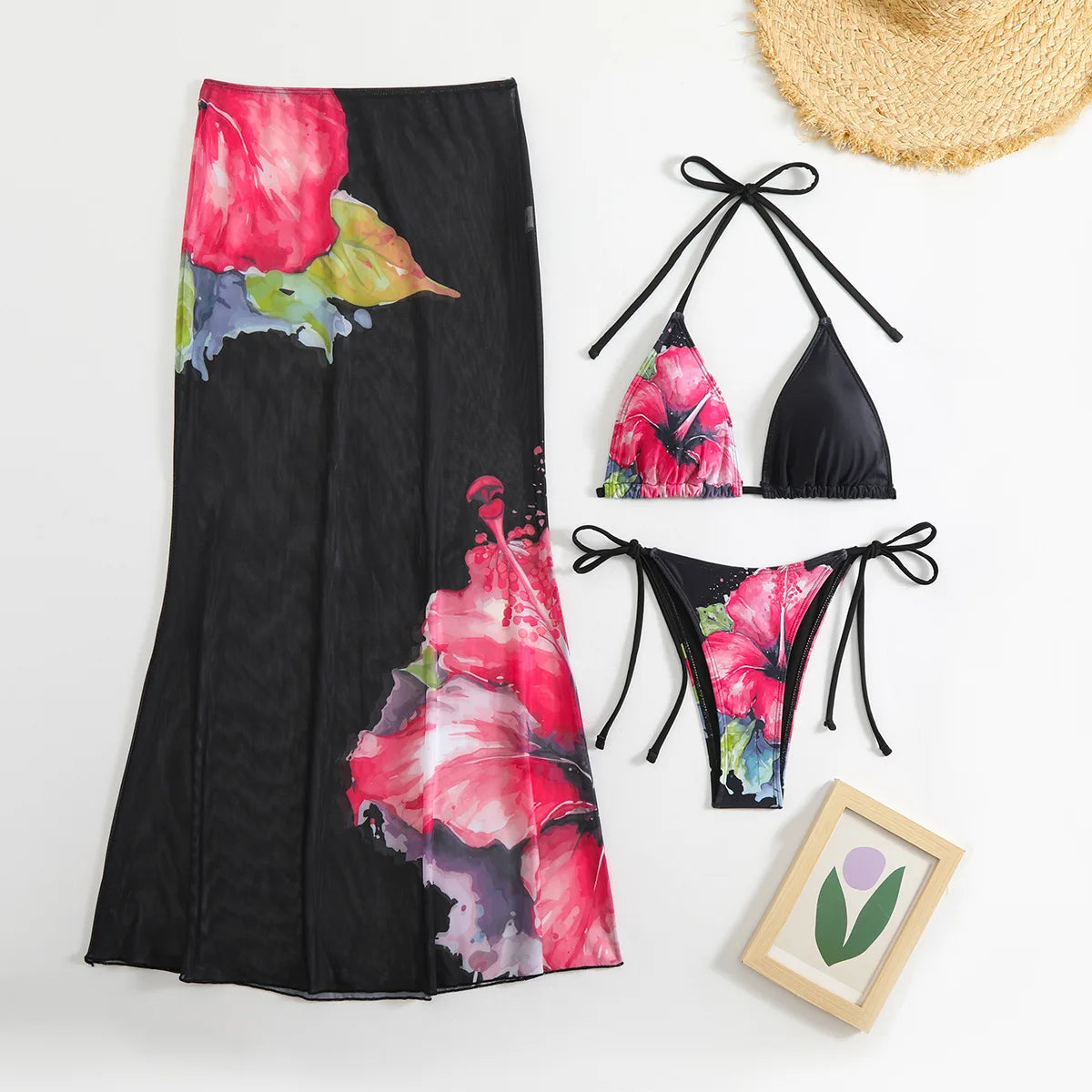 New Flower Print Bikini Set Women's High Waist Long Skirt 3 Piece Swimsuit Sexy Mini Triangle Backless Thong Bathing Suit