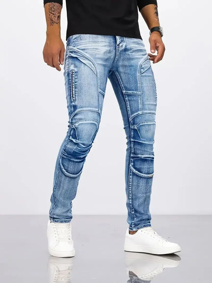 Two tone distressed patchwork jeans for men trendy jeans for summer thin straight leg pants slim fit small leg distressed jeans