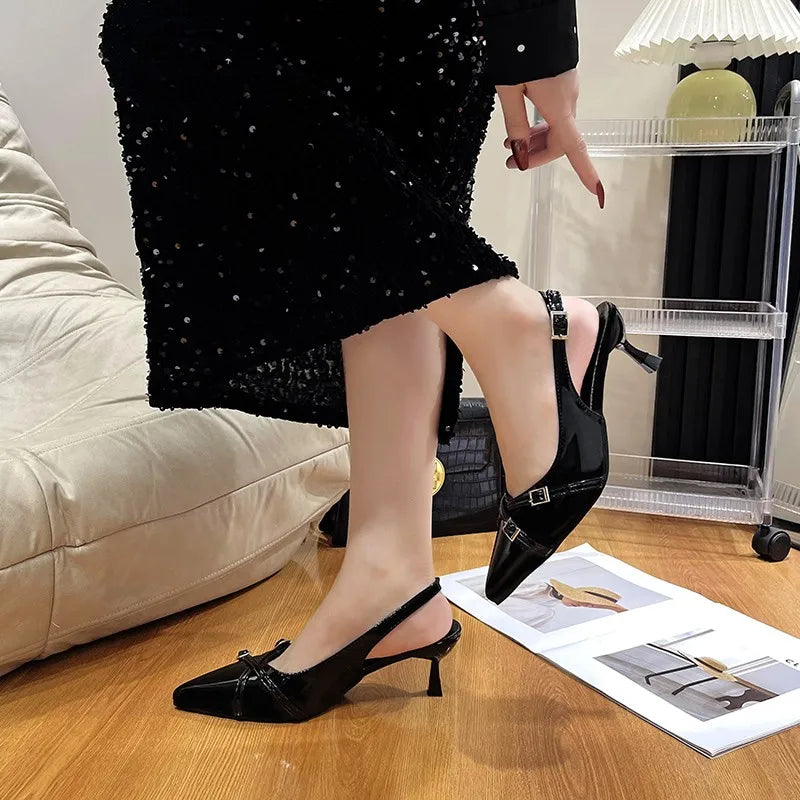 New Summer French Wine Red Pointed Patent Leather Mid-heel Overhead Sandals for Women Retro Skinny Heel Back Empty Shoes