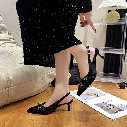 New Summer French Wine Red Pointed Patent Leather Mid-heel Overhead Sandals for Women Retro Skinny Heel Back Empty Shoes