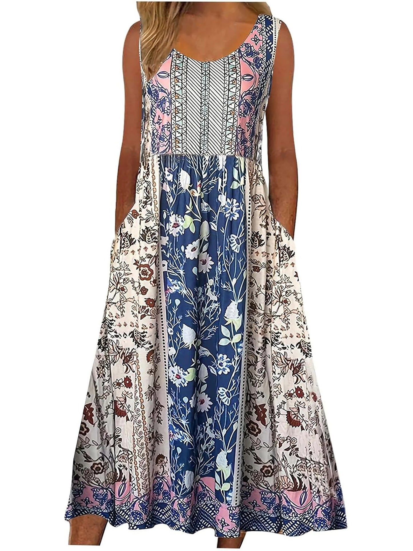 2025 summer new! Women's sleeveless Bohemian floral casual beach MIDI sundress with pockets flowing and loose