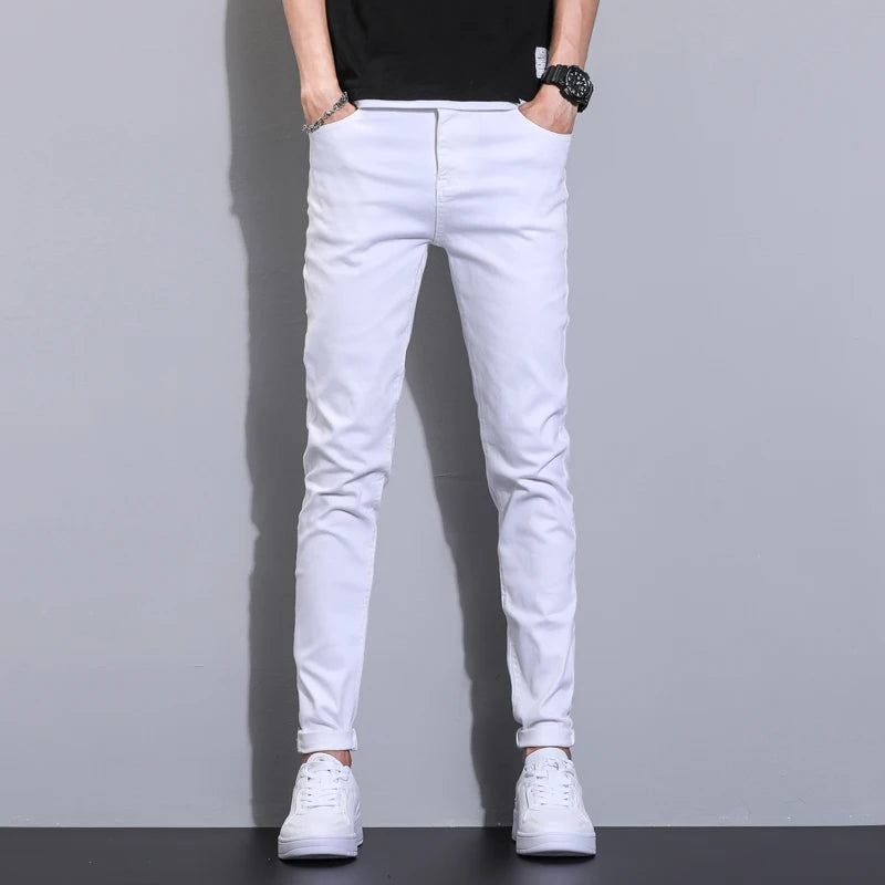 Summer men's pure white jeans high-end comfortable slim fit denim pants versatile micro elastic straight leg casual pants