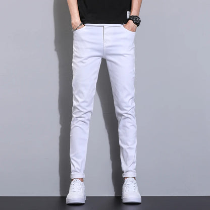 Summer men's pure white jeans high-end comfortable slim fit denim pants versatile micro elastic straight leg casual pants