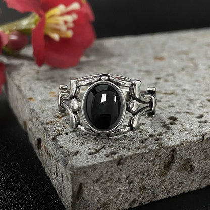 S925 Sterling Sliver Women's Ring with Natural Black Agate Moonstone Stone Hollowed-out 925 Sliver Fine Jewerly Rings for  Women