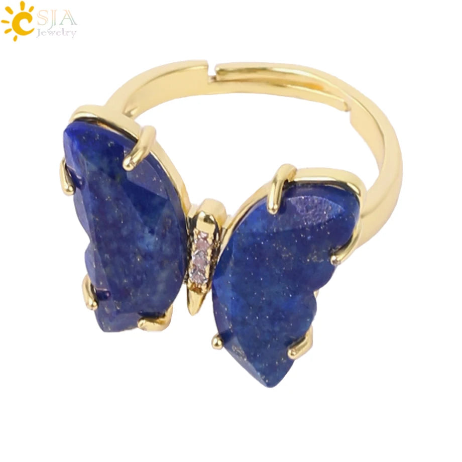 Gold Color Crystal Ring Natural Gemstone Butterfly Rings for Women Amethysts Lapis Lazui Pink Quartz Adjustable Engagement  H125
