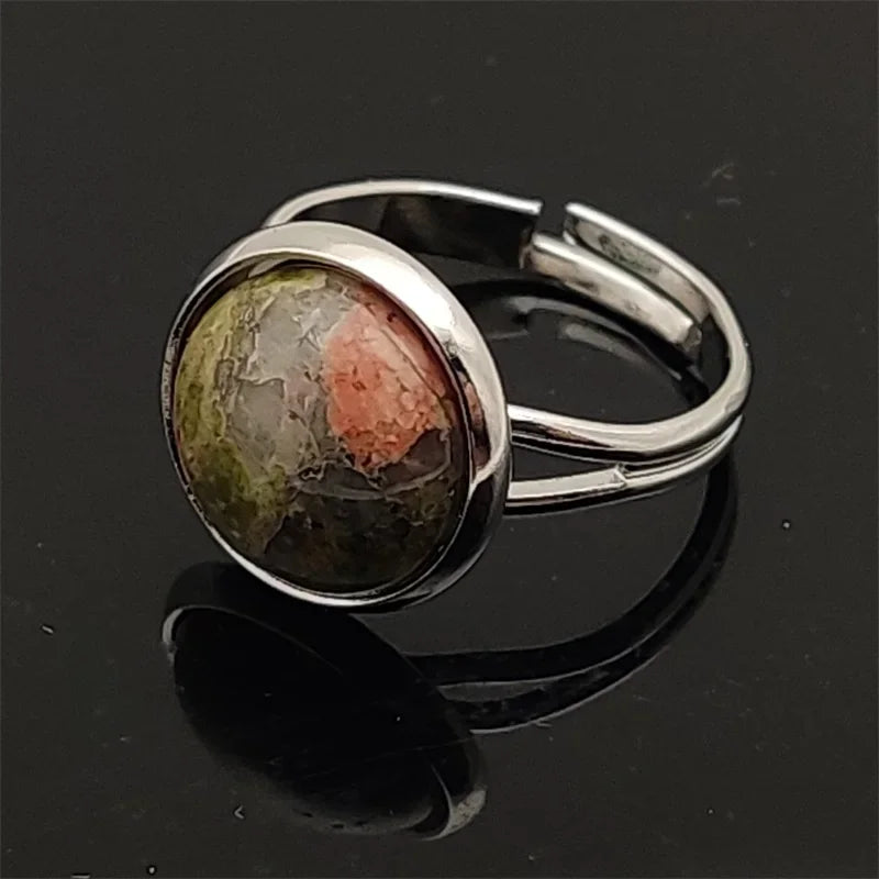 12mm Round Healing Natural Stone Ring Tiger Eye Opal Pink Crystal Adjustable Joint Ring for Women Jewelry