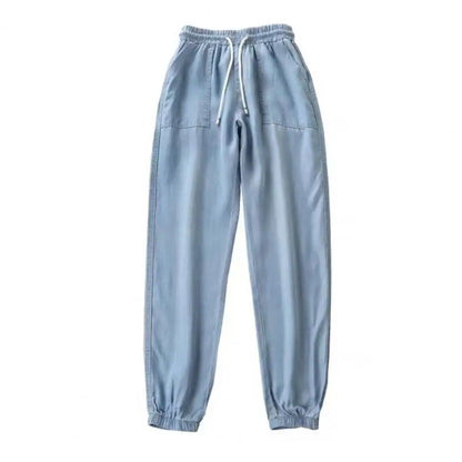Summer Thin Ice Silk Jeans Women Elastic High Waist Drawstring Harem Pants Loose All-matched Beam Leg Nine Points Denim Pants