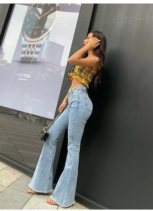Street Trend Sexy Hip Lift Skinny Micro-flared Jeans, New Spring Slim Water Washing High-waisted Denim Long Trousers for Women
