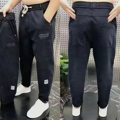 Harajuku Stretch Korea Streetwear Loose Solid Denim Jeans Elastic Waist for Men Spring Summer New plus size 7XL 8XL Casual Pants