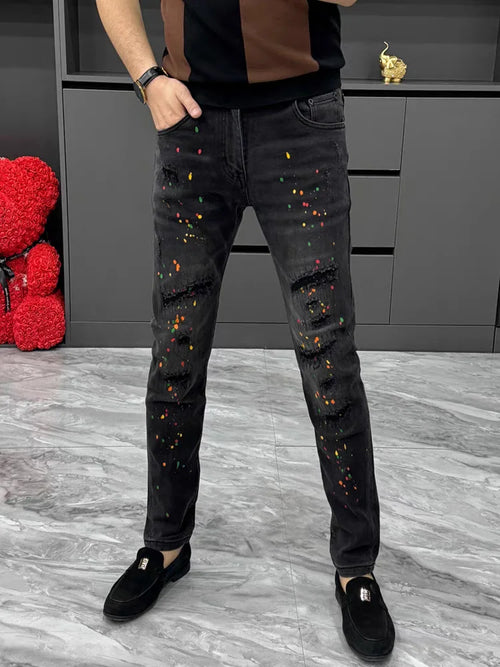 New High Quality Men's Clothing Casual Slim Pencil Pants Distressed Paint Patch Color Ink Graffiti Designer Long Jeans Trousers