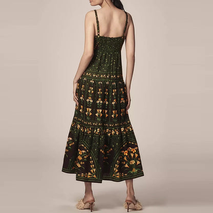 Spring Summer Floral Print Pleated Long Dress Women Sexy Slash Neck Backless Suspen Dress New Ladies Sleeveless Loose Boho Dress