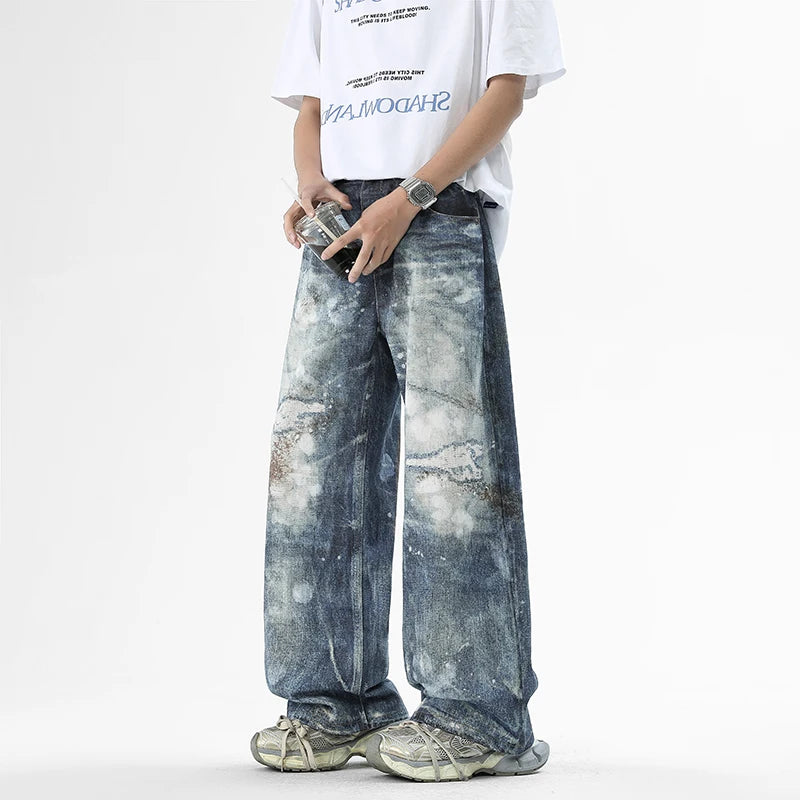 Mens Washed High Street Retro Pants Splashing Ink Color Piercing Printed Jeans High Street Trendy Brand Men Clothing Baggy Jeans