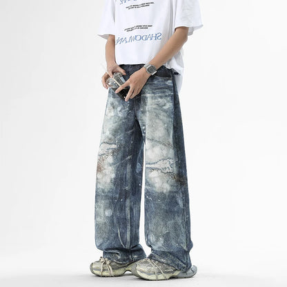 Mens Washed High Street Retro Pants Splashing Ink Color Piercing Printed Jeans High Street Trendy Brand Men Clothing Baggy Jeans