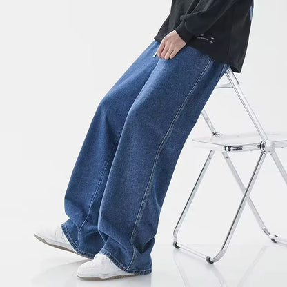 Korean Solid Colors Men's Casual Long Jeans Classic Man Four Seasons Straight Denim Wide-leg Pants Light Blue Grey Black S-3XL