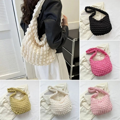 Women Plaid Quilted Large Capacity Tote Bag Crossbody Bag Solid Color Shoulder Bag Cute Pleated Bubbles Embroidered Satchel Bags