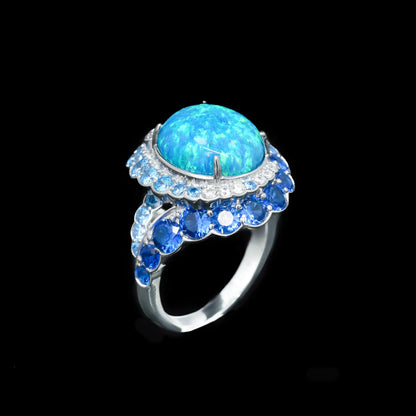 TLS 925 Sterling Silver Rhodium Plated High Carbon Diamond Cabochon Opal Blue Diamond Surrounding Star Ring for Gift